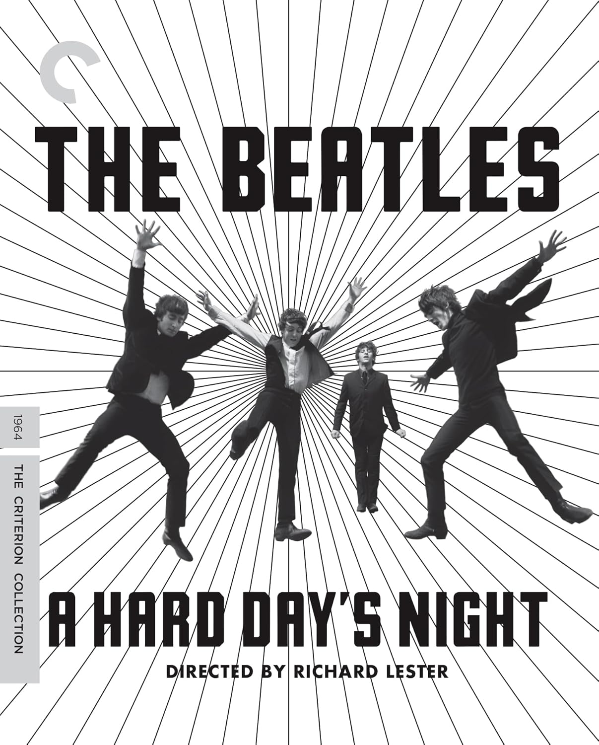 The Beatles in suits running and jumping, radiating lines, film cover.