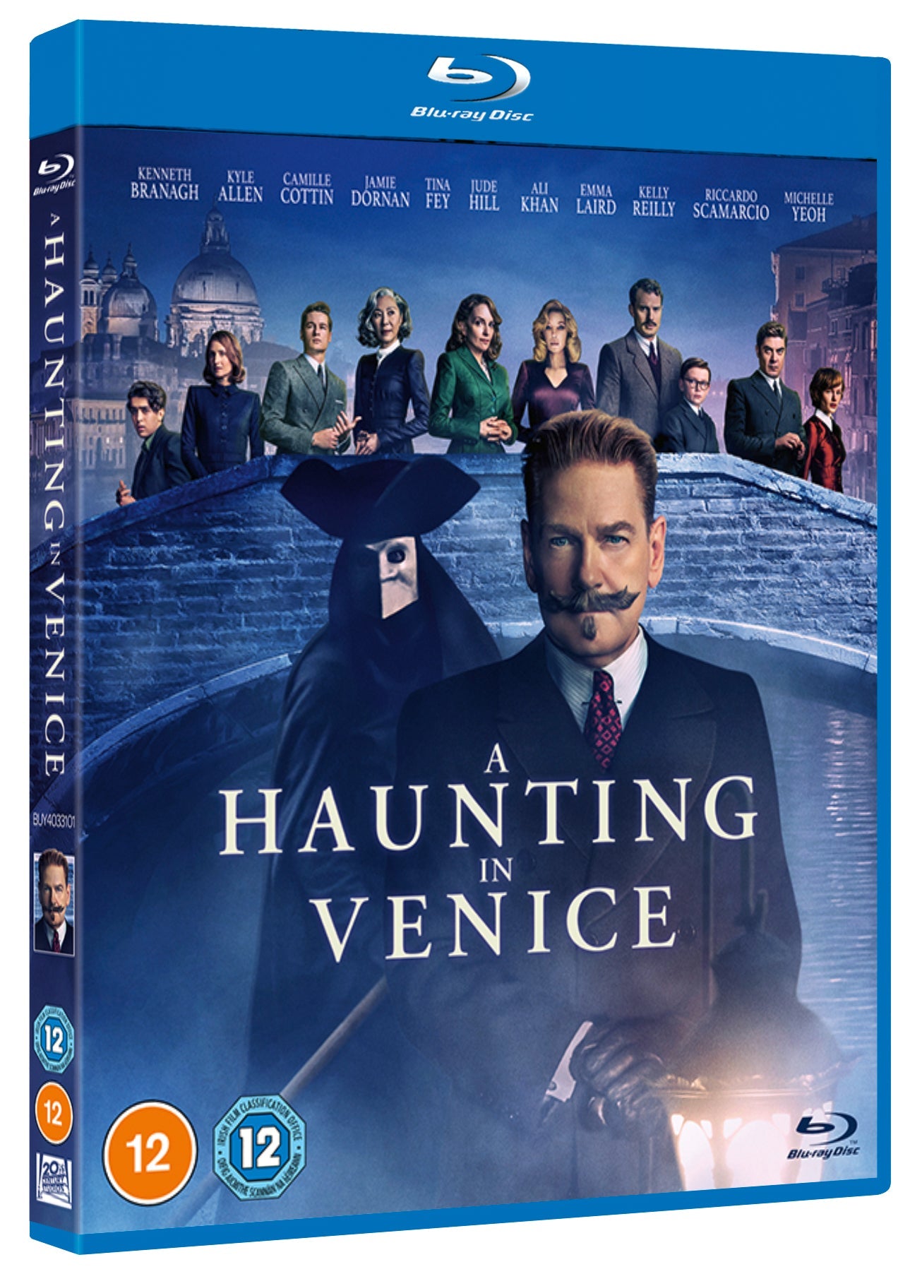 Blu-ray cover for A Haunting in Venice featuring the cast and a masked figure.