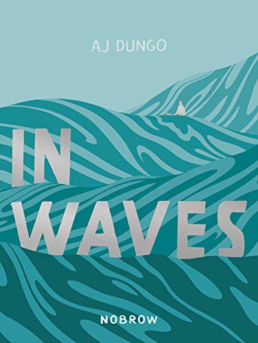Book cover illustration featuring stylized blue ocean waves and a small silhouetted surfer.