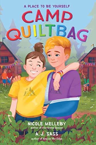 Book cover: two young people smiling at camp, with cabins in background.