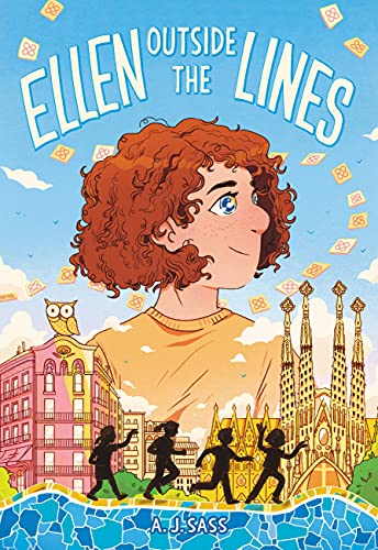 Book cover: Girl with curly hair, Barcelona skyline, and running figures.