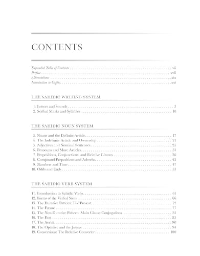 Book’s table of contents listing chapters on Sahidic Coptic grammar.
