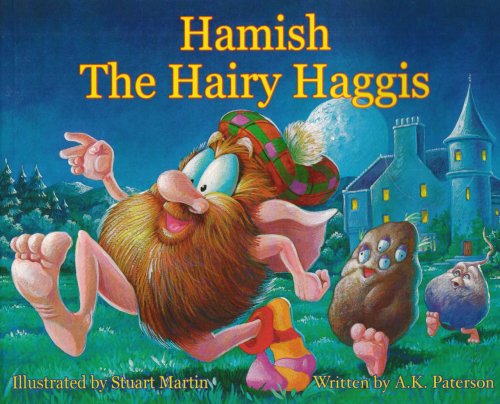 Cartoon haggis with a large beard runs with two small, furry creatures.