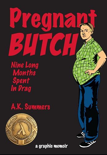 Book cover: illustrated pregnant person in masculine clothing, dark background.