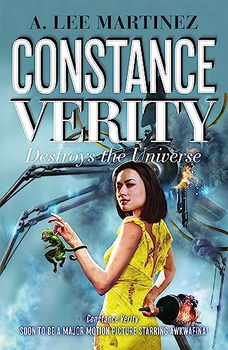 Book cover: woman in yellow, robot arms, and a green alien creature.
