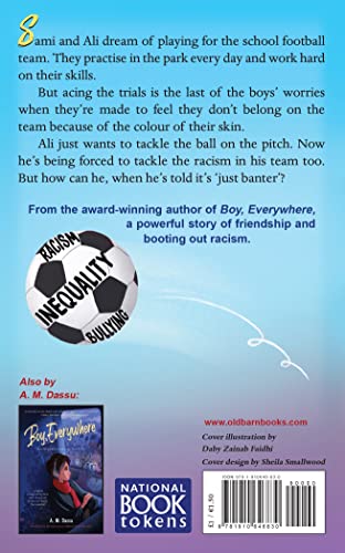Book cover: football with “racism”, “inequality”, “bullying” written on it.