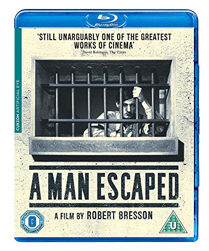 Blu-ray cover for "A Man Escaped" showing a man behind prison bars.