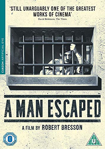 DVD cover for A Man Escaped showing a man behind prison bars.