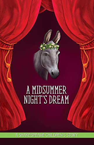 Book cover: donkey with flower crown, red curtains, title "A Midsummer Night's Dream".