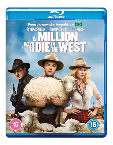 Blu-ray cover for "A Million Ways to Die in the West" with actors and sheep.