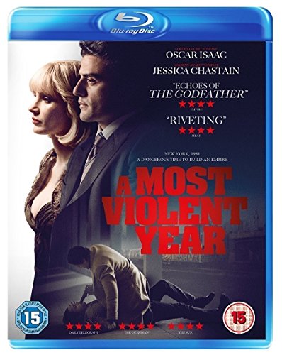 Blu-ray cover for "A Most Violent Year" featuring Oscar Isaac and Jessica Chastain.