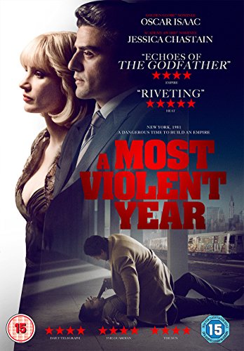 A Most Violent Year" DVD cover featuring Jessica Chastain and Oscar Isaac.