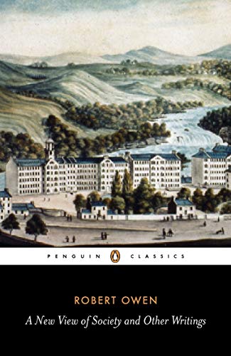 Book cover: “A New View of Society” by Robert Owen, with landscape painting.