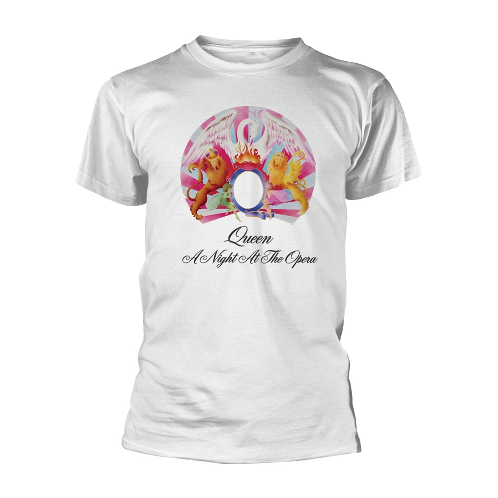 White t-shirt with colorful Queen "A Night at the Opera" album art.