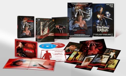 Blu-ray edition of A Nightmare on Elm Street with case, disc, and collectibles.