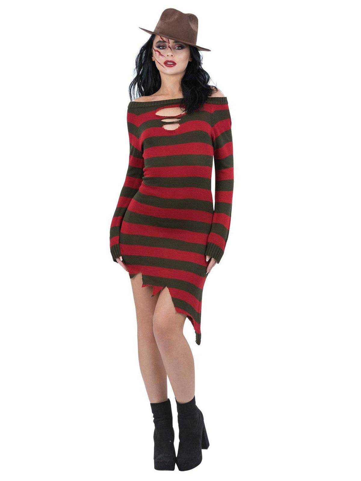 Woman modeling a striped red and green Freddy Krueger costume dress.