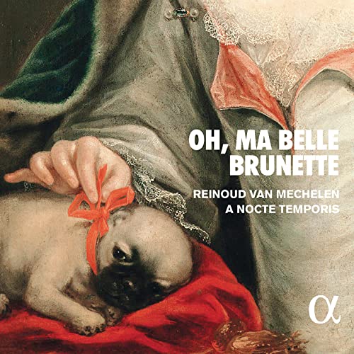 CD cover: pug with red ribbon, portrait background, text "Oh, Ma Belle Brunette".