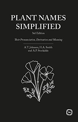 "Black book cover with white text 'Plant Names Simplified' and a simple flower illustration."