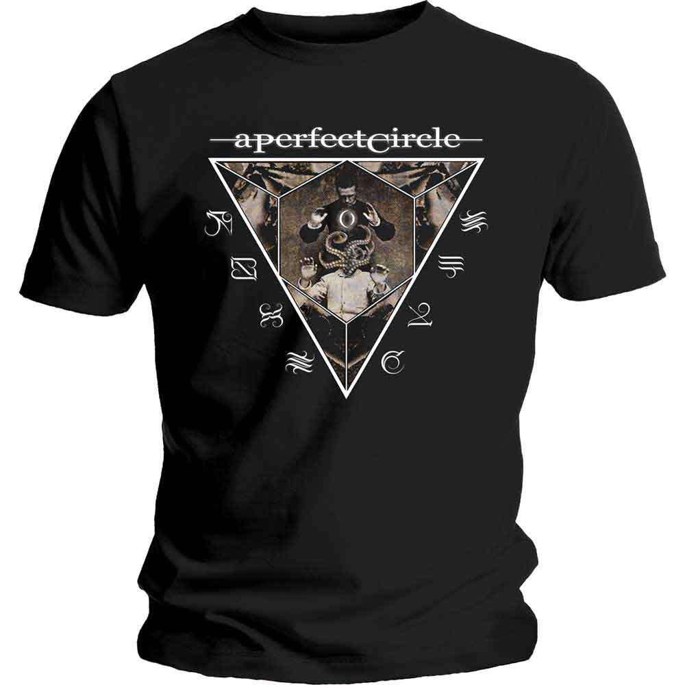 Black t-shirt with A Perfect Circle band logo and geometric design.