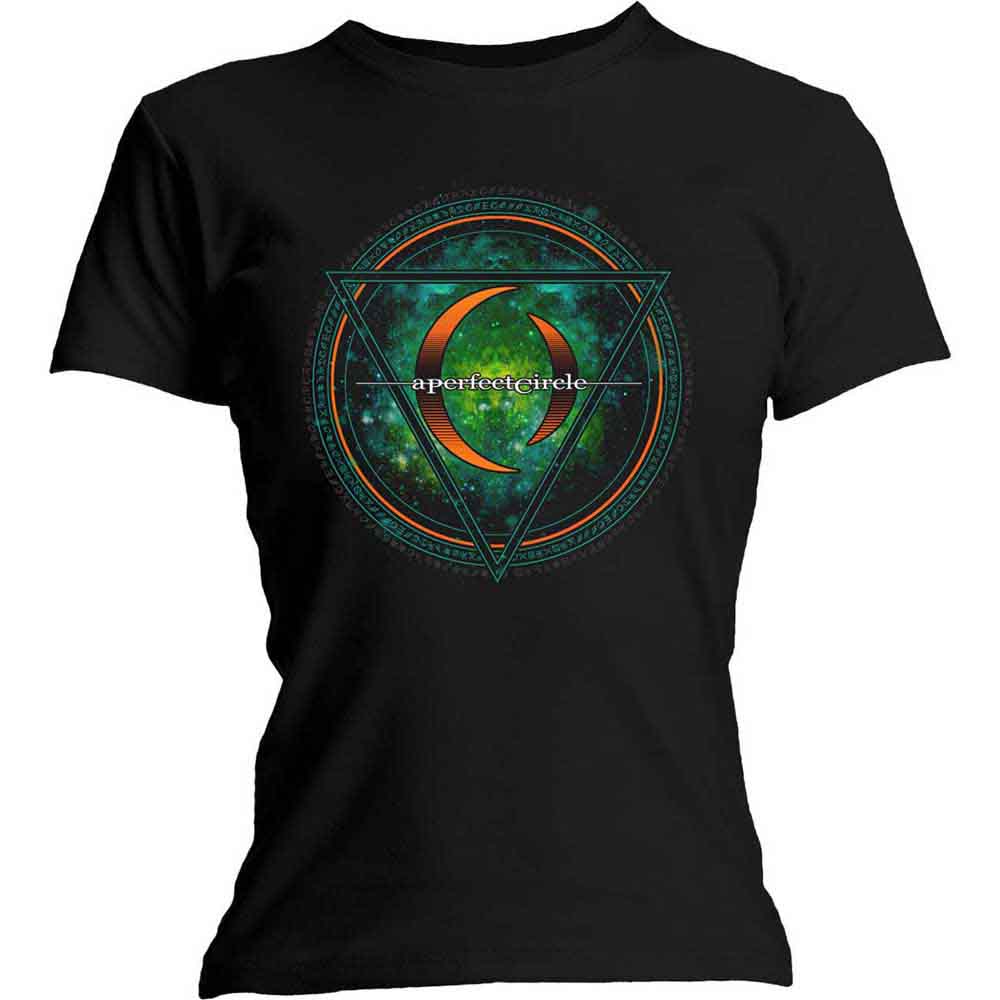 Black t-shirt with a colorful, circular A Perfect Circle sigil design.
