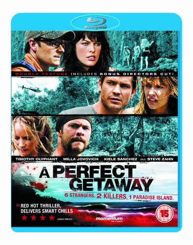 "A Perfect Getaway" Blu-ray case with a blue border and collage of actors' faces.