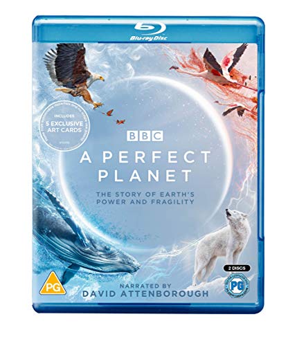 Blu-ray cover for A Perfect Planet featuring a whale, eagle, wolf, and flamingos.