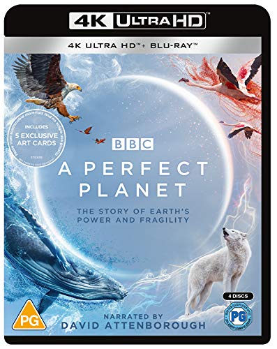 A Perfect Planet" Blu-ray cover featuring wildlife and Earth imagery.