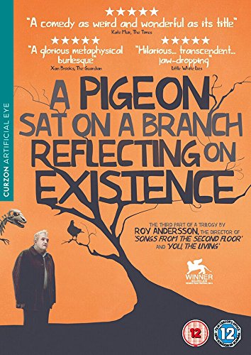 DVD cover for “A Pigeon Sat On A Branch Reflecting,” with man and bird.