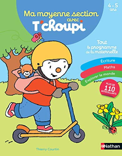 Children's workbook cover featuring T'choupi riding a scooter with a bear.