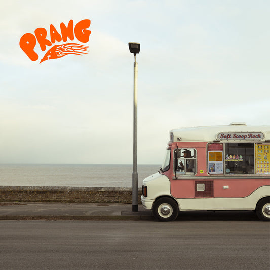 Album cover: pink and white ice cream truck by the sea.