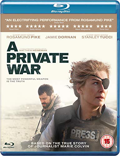 “A Private War” Blu-ray cover featuring Rosamund Pike with an eye patch.