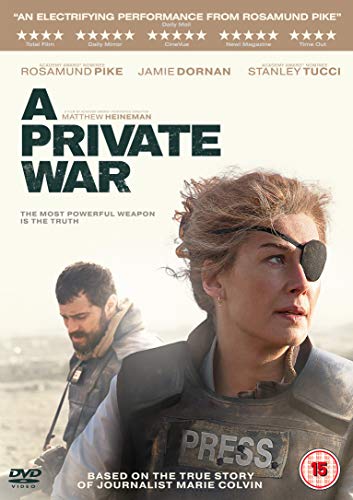 DVD cover for "A Private War" featuring a woman wearing a press vest.