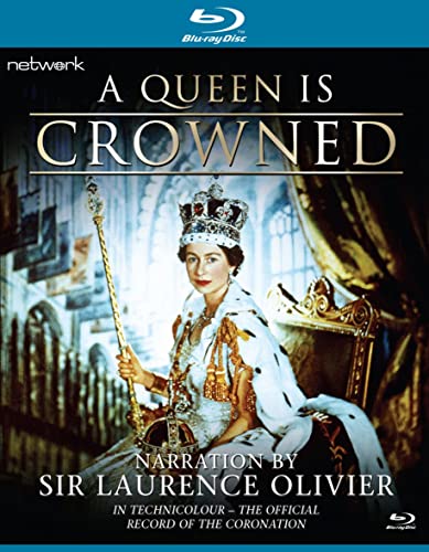 Queen Elizabeth II in coronation regalia holding a scepter on a Blu-ray cover.