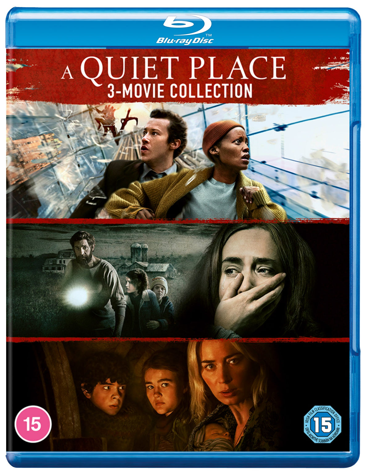 “A Quiet Place” 3-movie Blu-ray collection cover with family imagery.