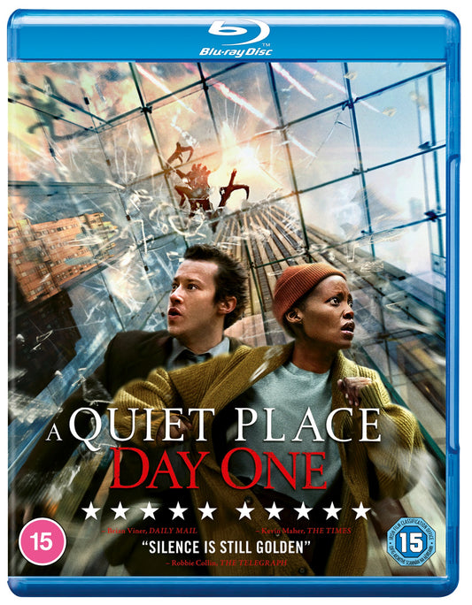 Blu-ray cover for "A Quiet Place: Day One" featuring two frightened people.