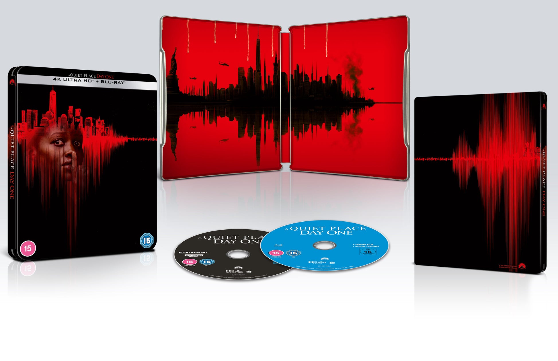 Red "A Quiet Place: Day One" SteelBook UHD Blu-ray case with soundwave design.