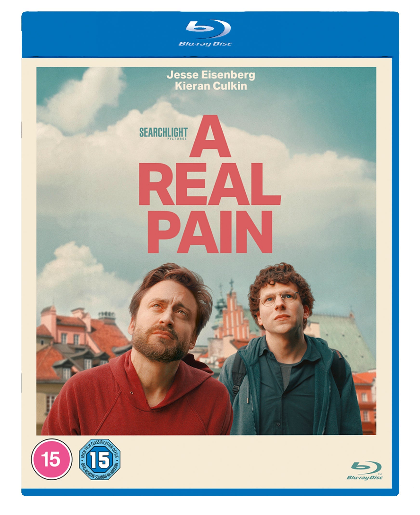 Blu-ray cover for A Real Pain featuring Jesse Eisenberg and Kieran Culkin looking up.