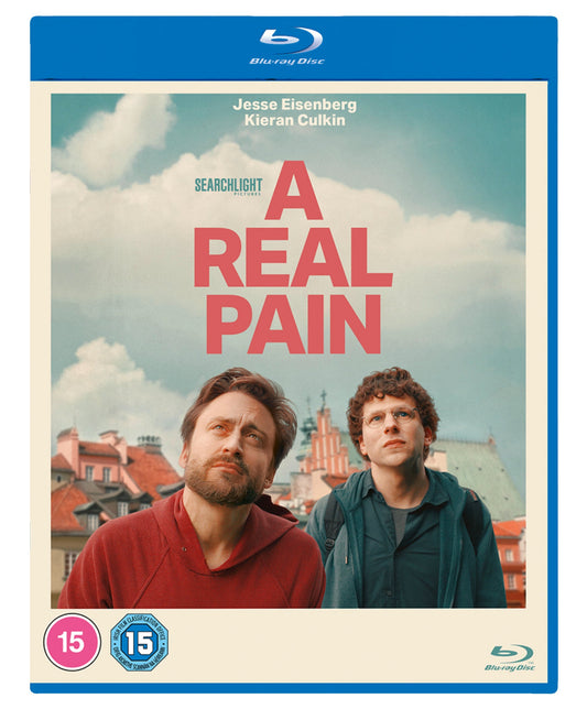 Blu-ray cover for A Real Pain featuring Jesse Eisenberg and Kieran Culkin looking up.