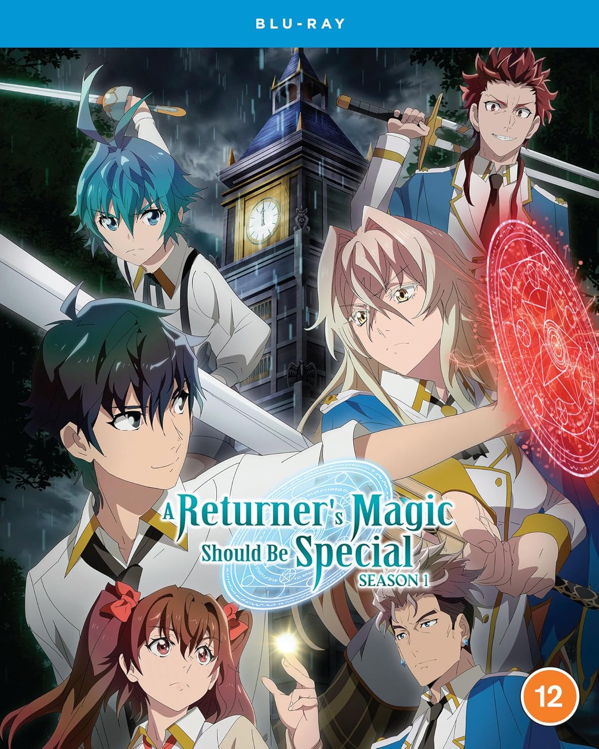 Anime characters with swords and magic stand before a clock tower.