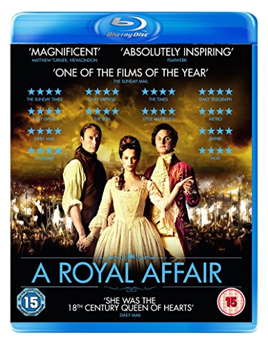 Blu-ray cover for "A Royal Affair" featuring three people in 18th-century attire.