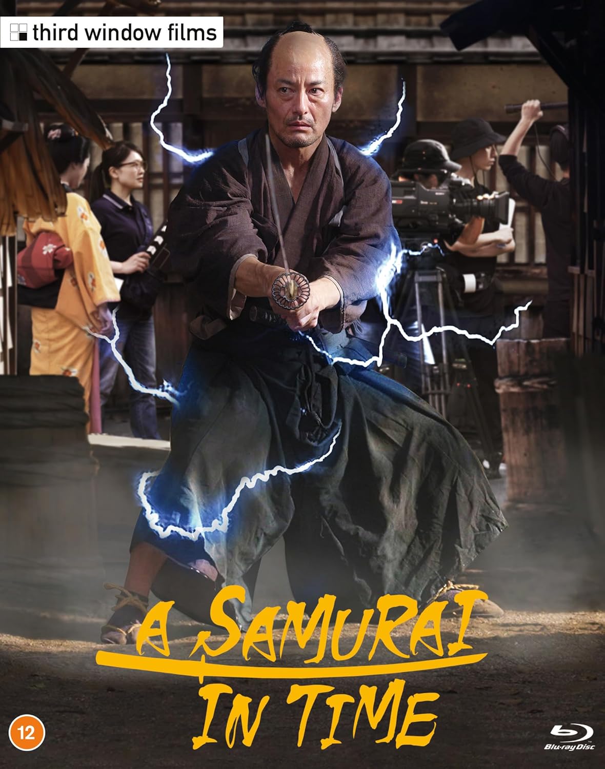 Samurai in traditional clothing leaps forward amidst electrical energy and onlookers.