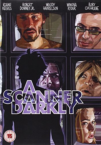A Scanner Darkly" DVD cover with fragmented portraits and title text.