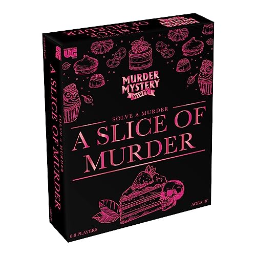 A black box for A Slice of Murder mystery game with pink dessert illustrations.