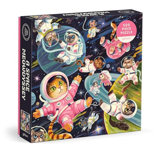 Puzzle box depicting cats in spacesuits floating in a starry galaxy.