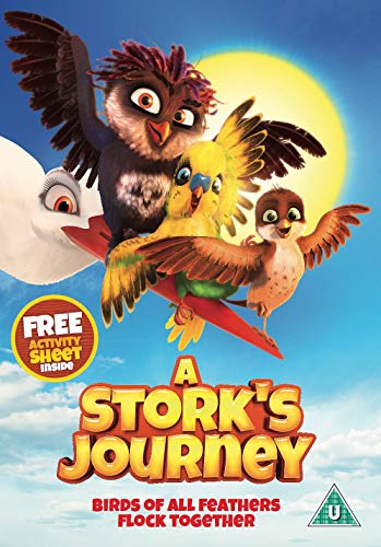 Animated birds fly together against a bright sun in this A Stork's Journey DVD.