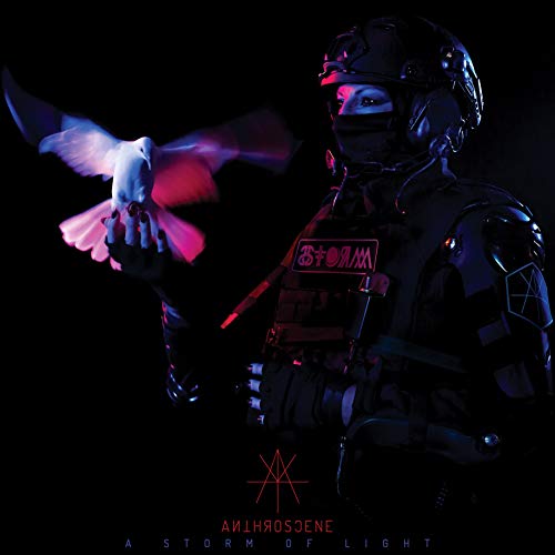 A person in a futuristic suit holds a white dove against a black background.