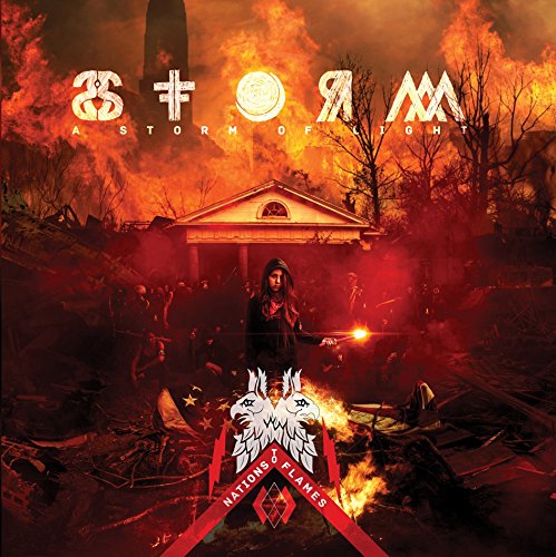 Album cover art: hooded figure holding a torch amidst a burning landscape and building.
