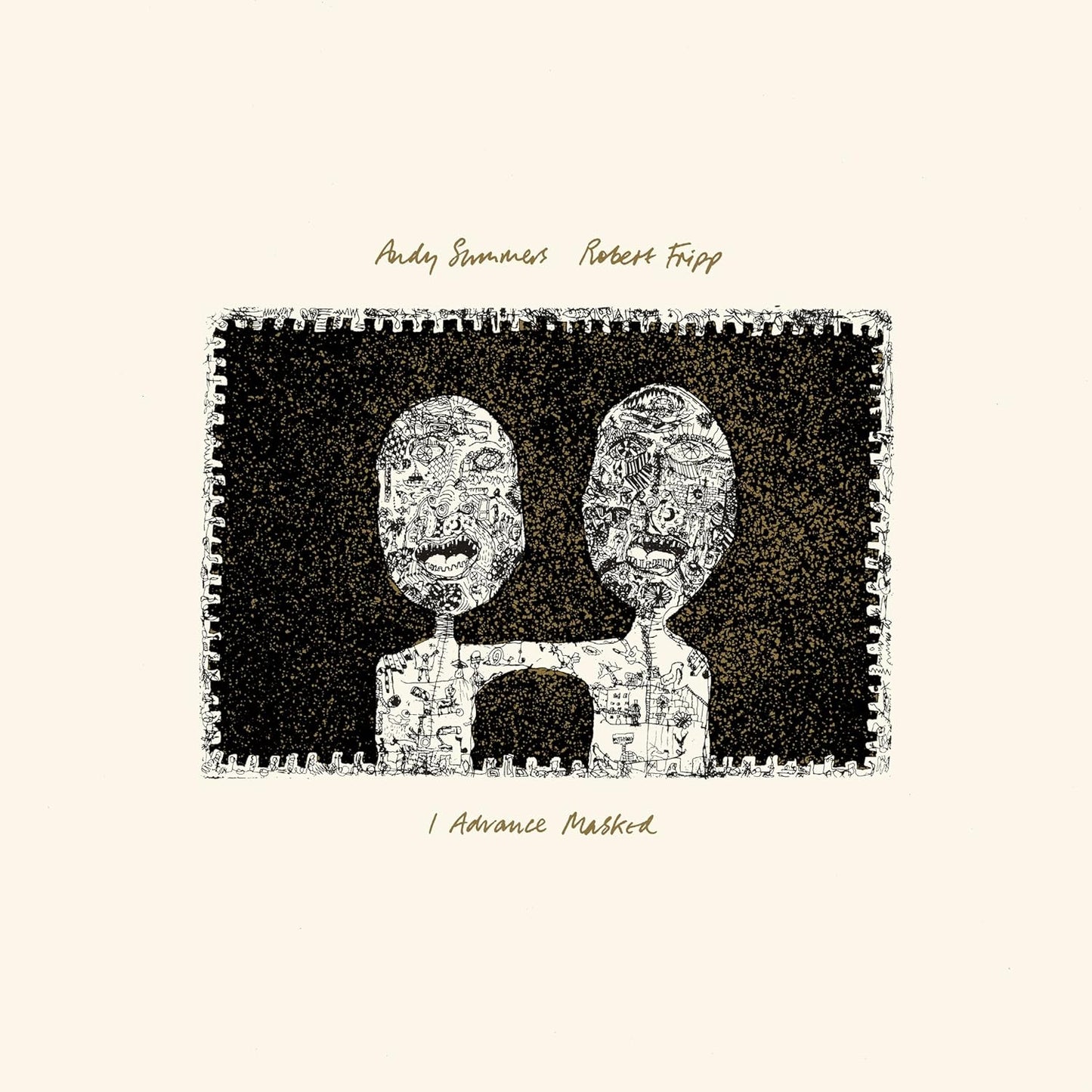 Black and white illustration of two patterned, masked faces facing each other.