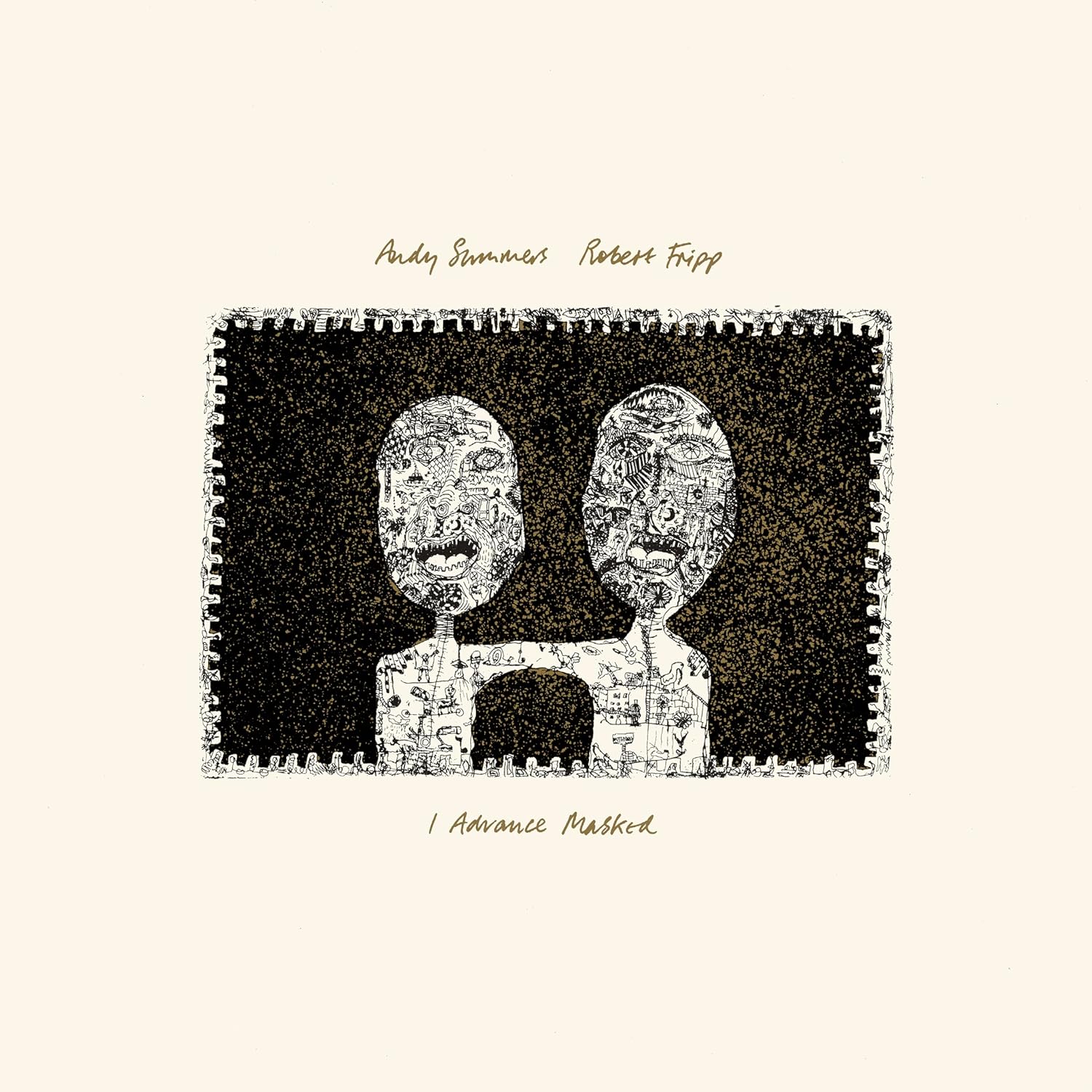 Black and white illustration of two patterned, masked faces facing each other.