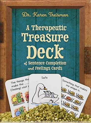 Card deck with teal cover, illustrated cards, and sentence completion prompts.